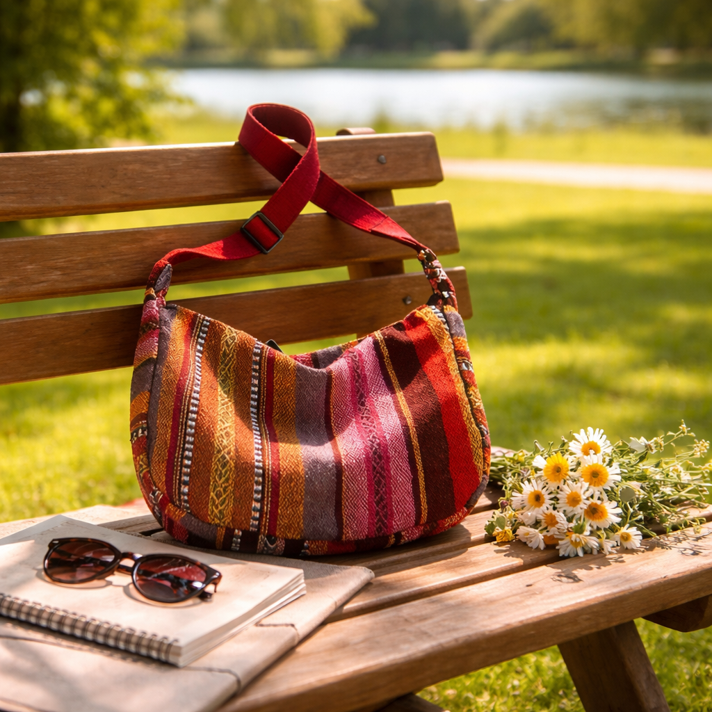 Boho Hobo Shoulder Bag for Women – Navy Geometric Pattern Slouchy Handbag with Adjustable Strap