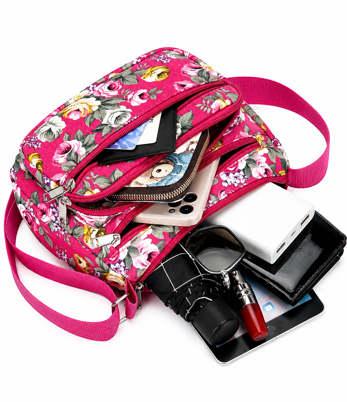 Floral Canvas Crossbody Purse-Adjustable Strap & Multi Zip Pockets