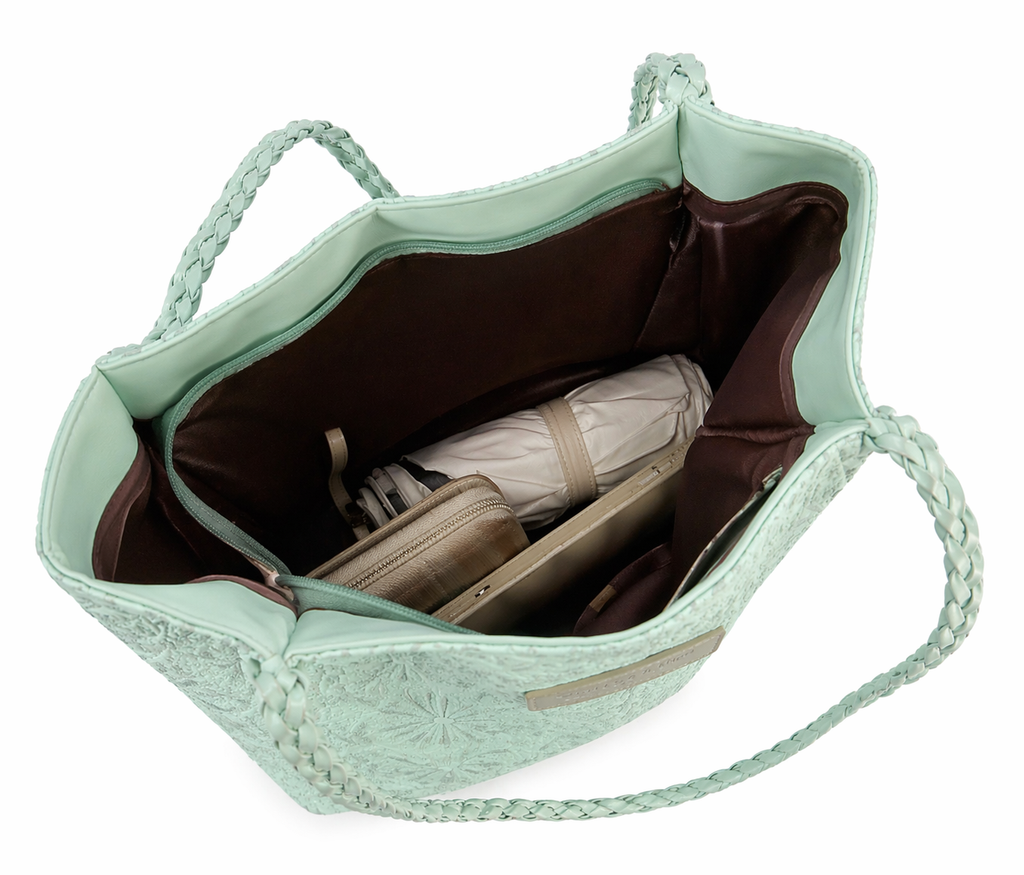Mint Green Floral Embossed Tote Bag – Braided Handle Shoulder Bag, Lightweight Everyday Handbag