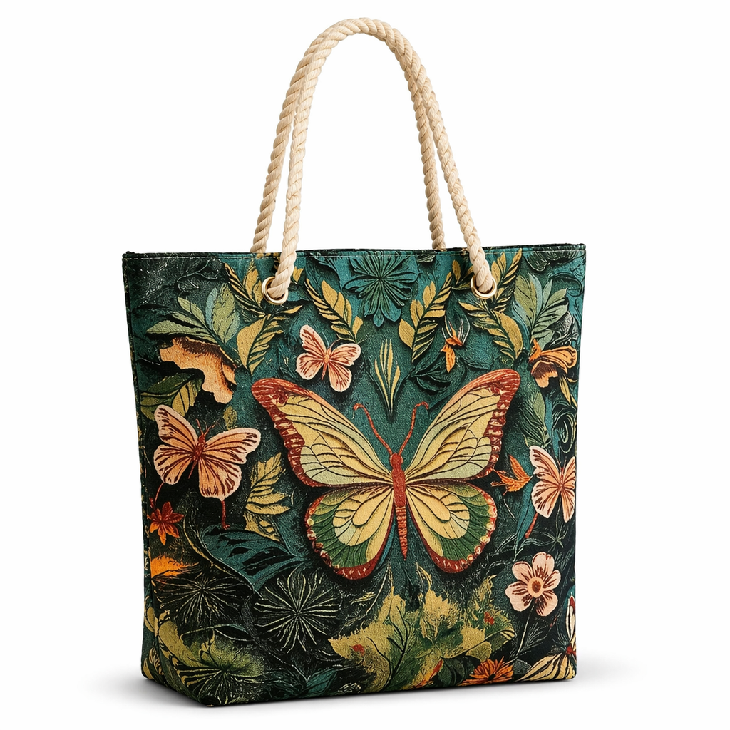 Butterfly Botanical Canvas Tote Bag with Rope Handles – Large Floral Shoulder Bag for Women, Summer Beach Everyday Carry