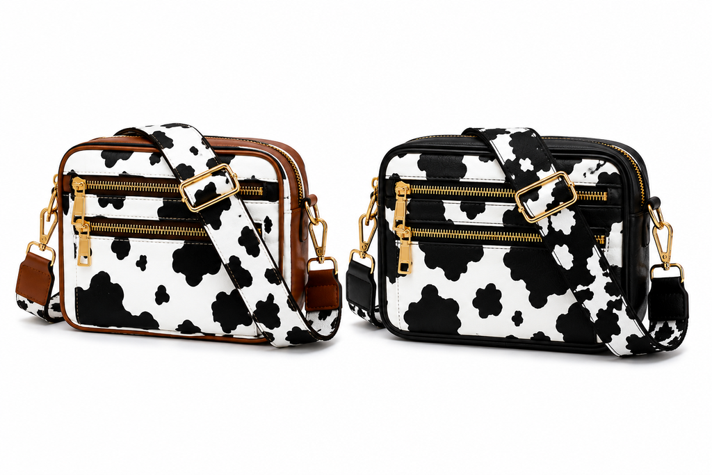 Cow Print & Solid Crossbody Bag with Wide Strap – Multi Pocket Western Style Shoulder Purse (Medium)-Multiple color choices