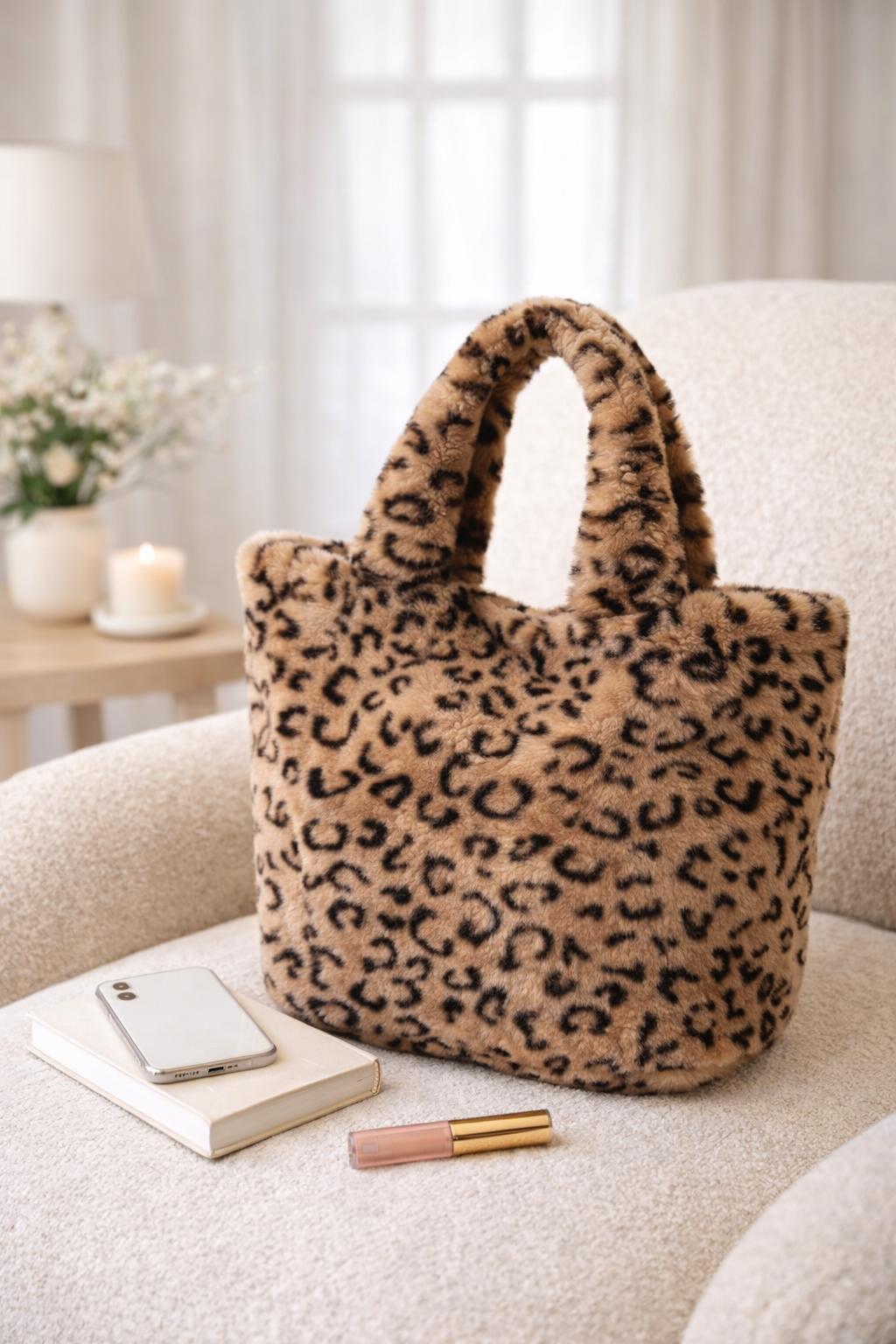 Leopard Print Plush Faux Fur Hand Bag – Soft Cozy Everyday Shoulder Handbag