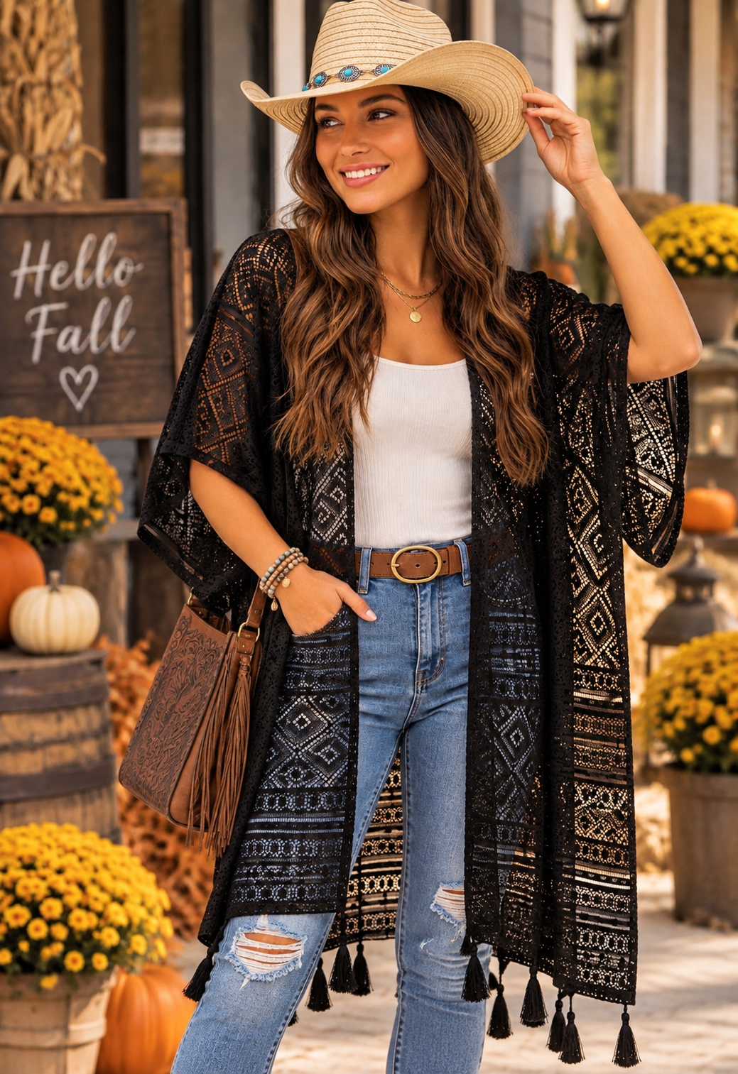 Black Crochet Tassel  Kimono Cover Up