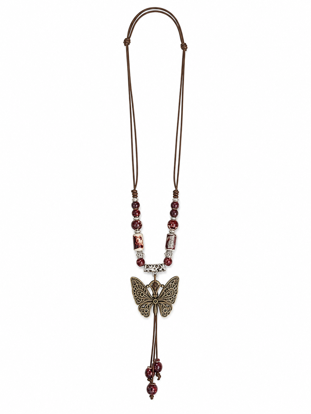 Boho Butterfly Pendant Necklace – Long Beaded Tassel Necklace with Leather Cord
