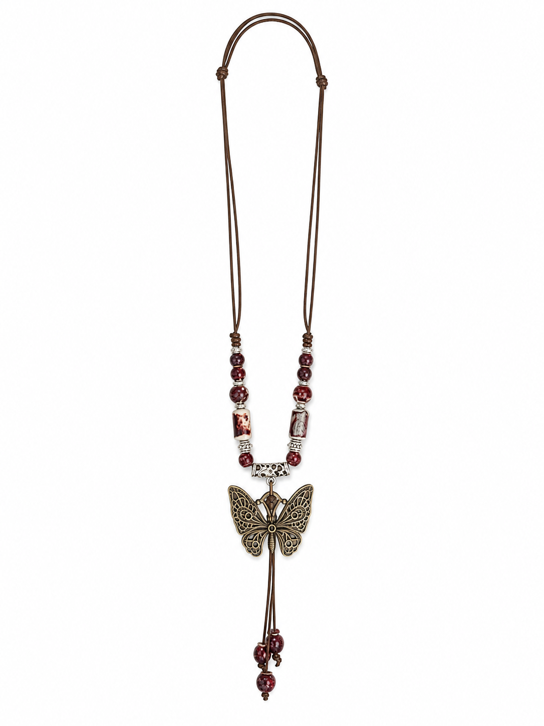 Boho Butterfly Pendant Necklace – Long Beaded Tassel Necklace with Leather Cord