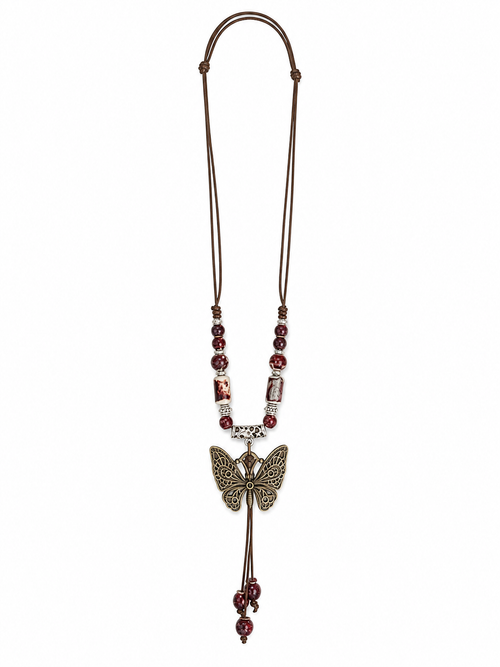 Boho Butterfly Pendant Necklace – Long Beaded Tassel Necklace with Leather Cord