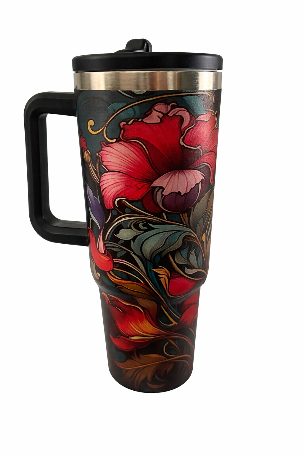 Insulated Floral Travel Mug with Handle & Lid – Red Vintage Flower Stainless Steel Tumble
