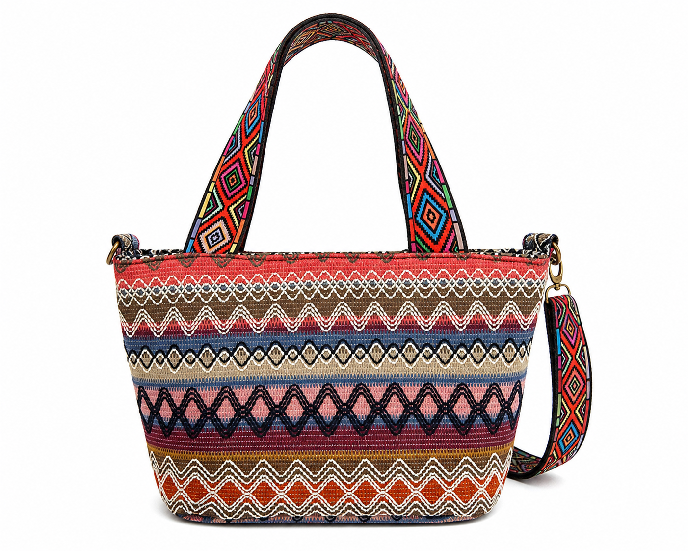 Boho Aztec Pattern Canvas Tote Crossbody Bag – Multicolor Tribal Handbag with Adjustable Strap