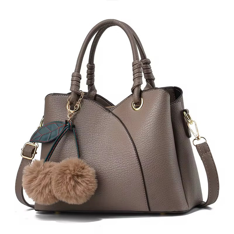 Structured Satchel Handbag for Women – Vegan Leather Crossbody Purse with Top Handles and Pom Charm