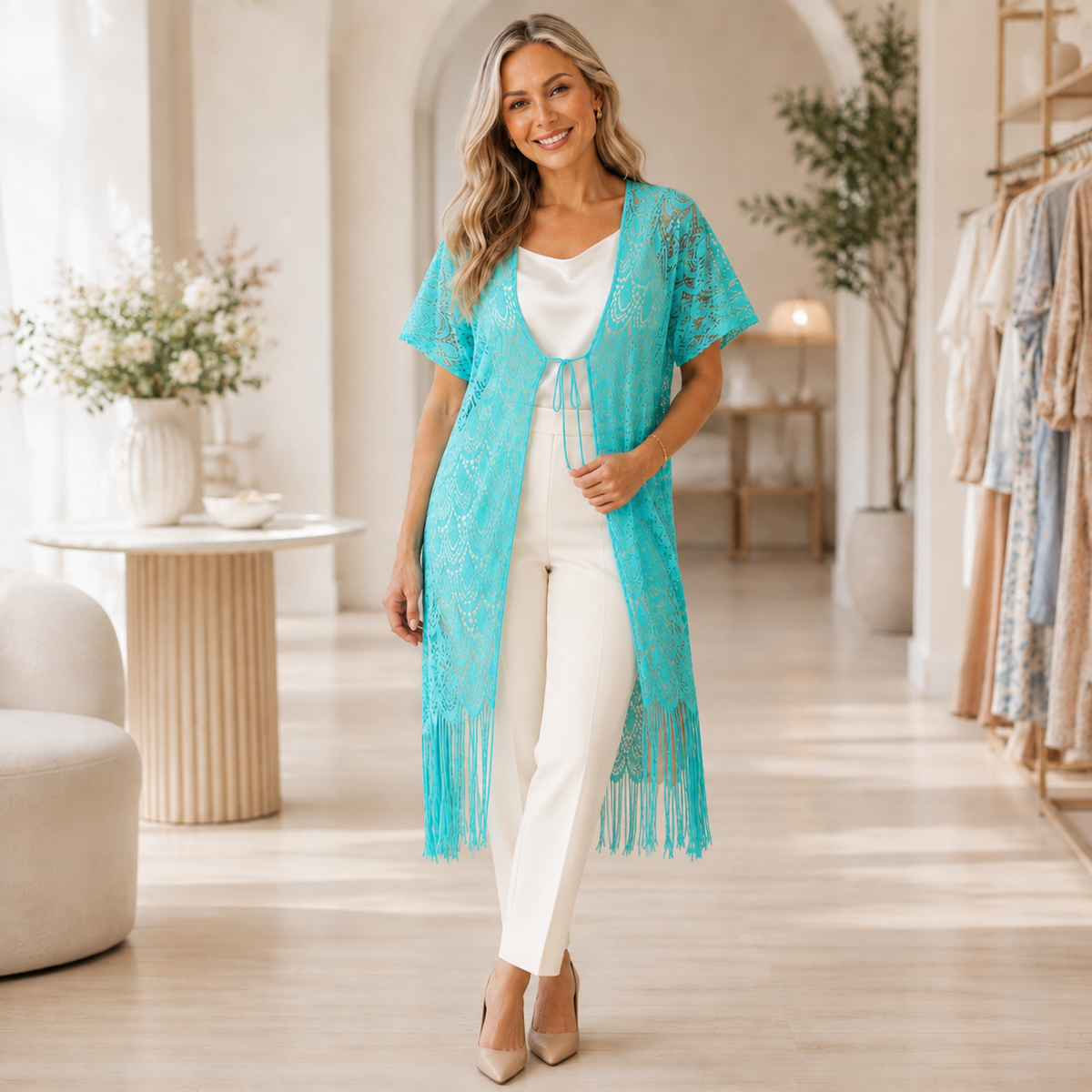 Turquoise Dreams Lace Fringe Kimono