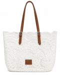 White Lace Crochet Hand Bag with Brown Straps – Boho Chic Everyday Shoulder Handbag