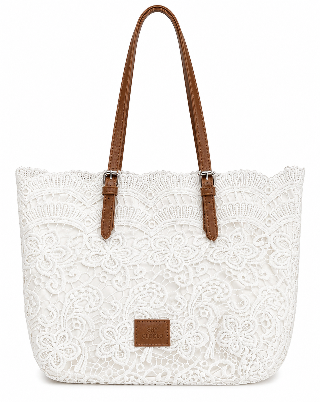 White Lace Crochet Hand Bag with Brown Straps – Boho Chic Everyday Shoulder Handbag