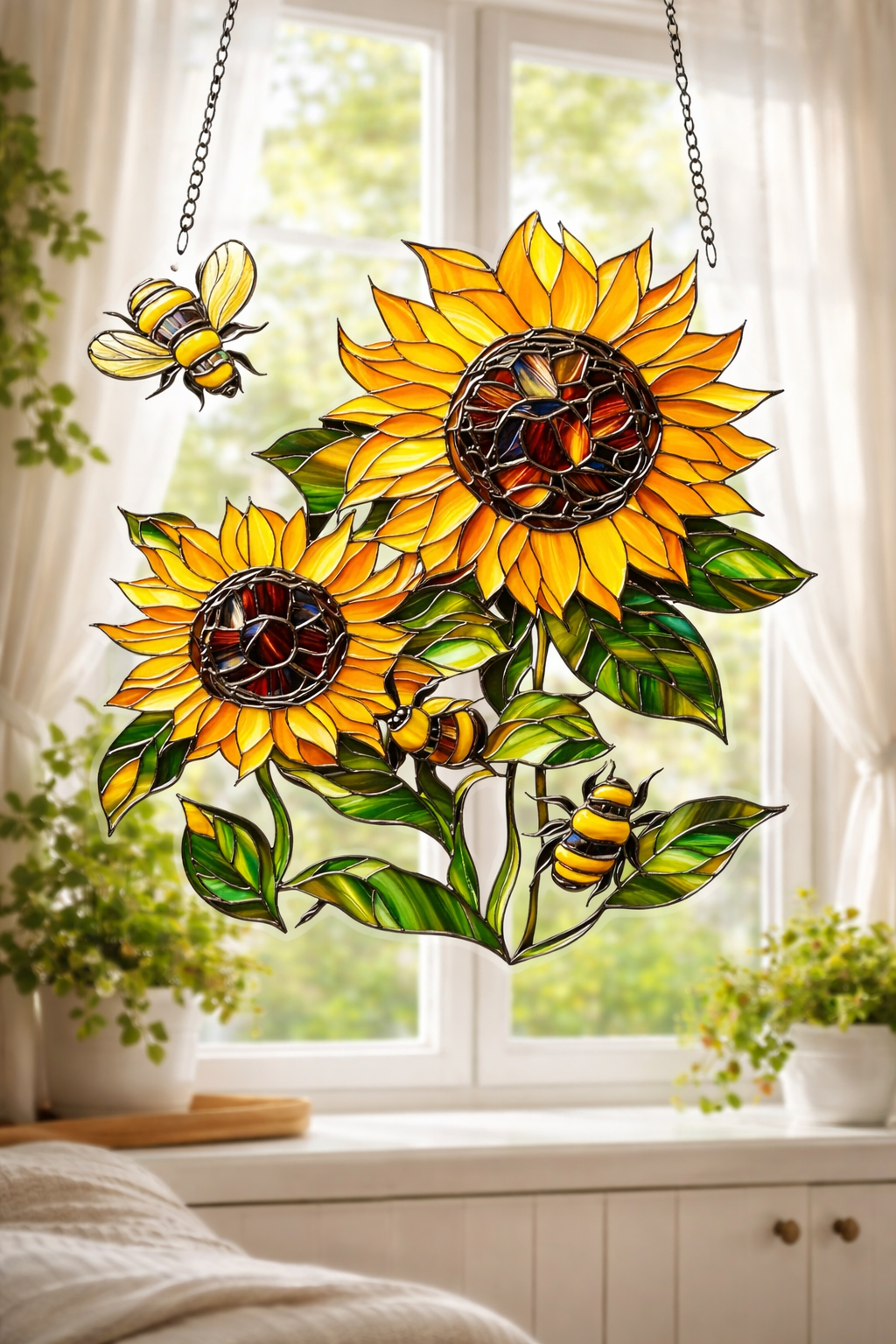 Golden Sunflowers and Bees Sun Catcher
