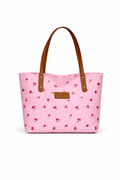 Pink Cherry Print Tote Bag for Women – Cute Everyday Shoulder Bag with Brown Straps