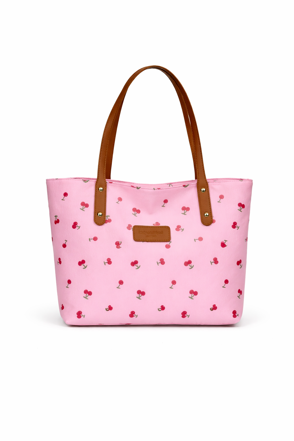 Pink Cherry Print Tote Bag for Women – Cute Everyday Shoulder Bag with Brown Straps