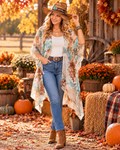 Abstract Boho Sheer Kimono Cardigan – Lightweight Neutral Tone Summer Layering Cover Up for Women