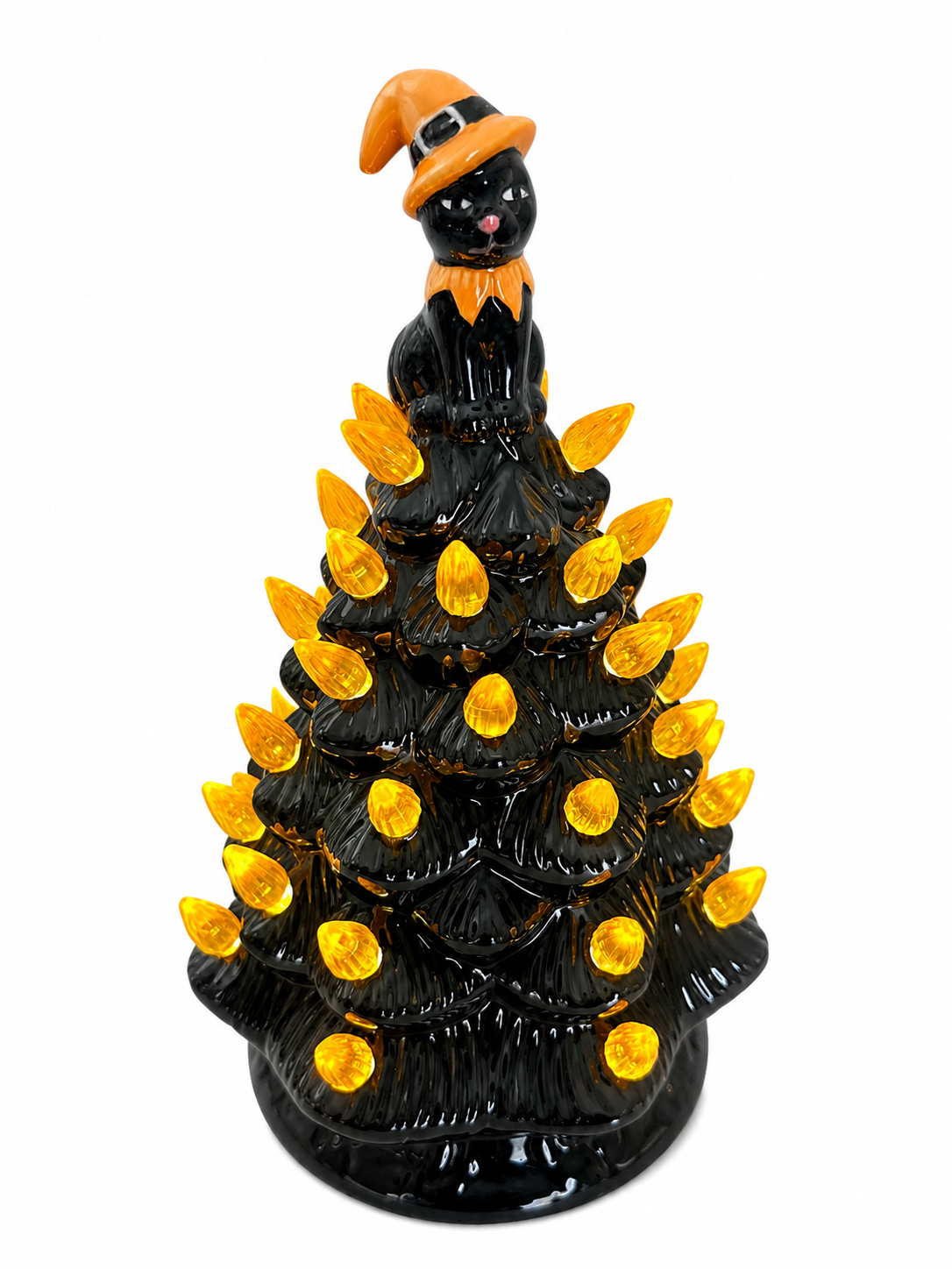 Black Cat Ceramic Halloween Light-Up Tree