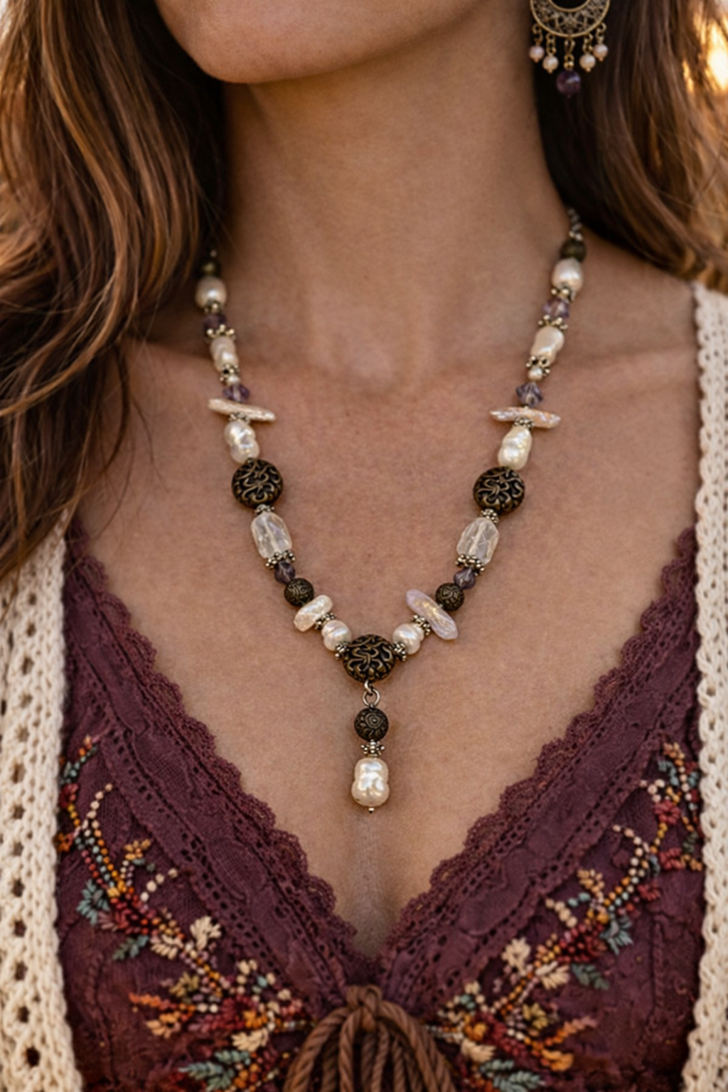 Pearl Beaded Necklace With Pendant-Vintage Style Boho Jewelry For Women