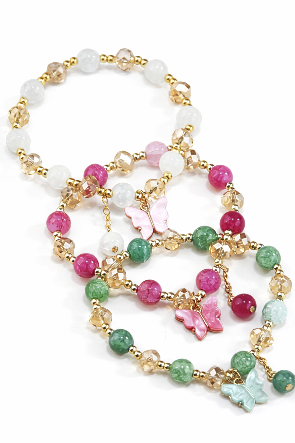 Butterfly Charm Beaded Bracelet Set – Colorful Stretch Bracelets with Gold Accents (Set of 3)