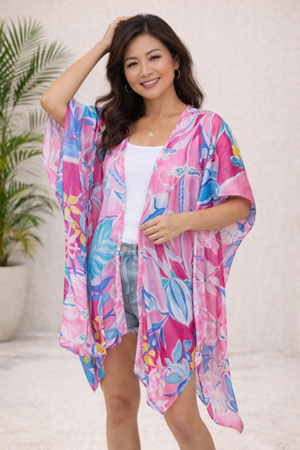 Pink Tropical Floral Sheer Kimono Cardigan – Lightweight Boho Summer Cover Up for Women