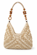 Boho Crochet Hobo Shoulder Bag with Wooden Bead Handle – Lightweight Summer Tote