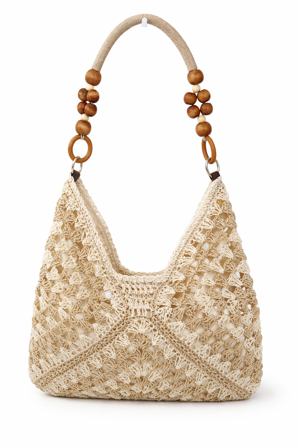 Boho Crochet Hobo Shoulder Bag with Wooden Bead Handle – Lightweight Summer Tote