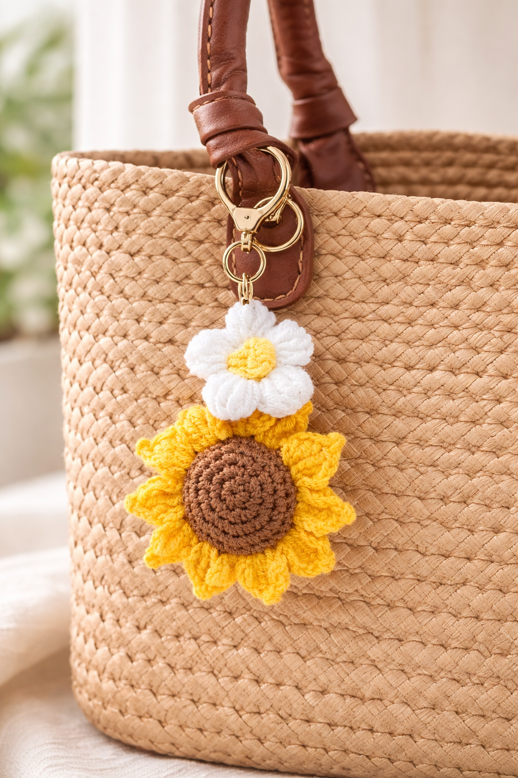Crochet Sunflower Daisy Bag Charm – Handmade Floral Keychain for Purses & Totes