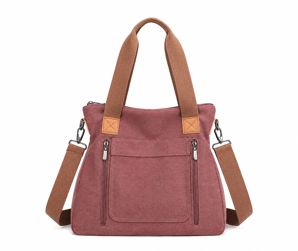 Canvas Tote Bag with Crossbody Strap – Multi Pocket Everyday Shoulder Bag for Women (Medium)-Multiple Color Choices