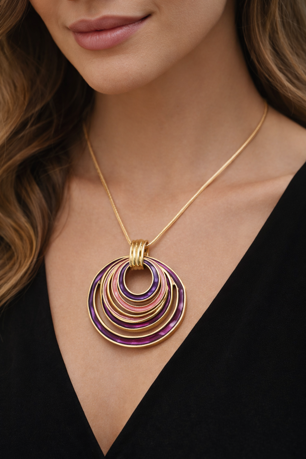 Purple & Pink Layered Circle Pendant Necklace – Gold Tone Multi Ring Statement Necklace