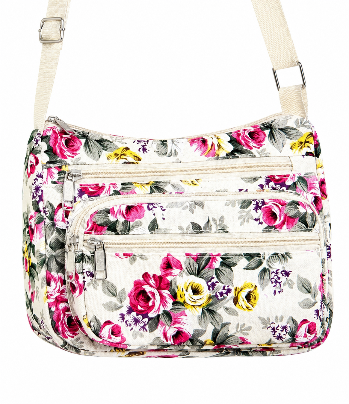 Floral Canvas Crossbody Purse-Adjustable Strap & Multi Zip Pockets