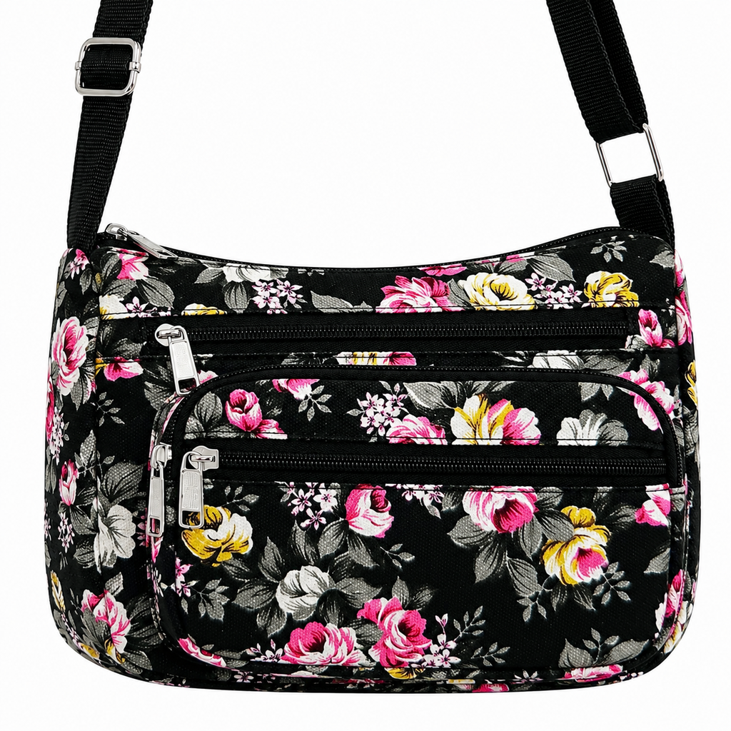 Floral Canvas Crossbody Purse-Adjustable Strap & Multi Zip Pockets