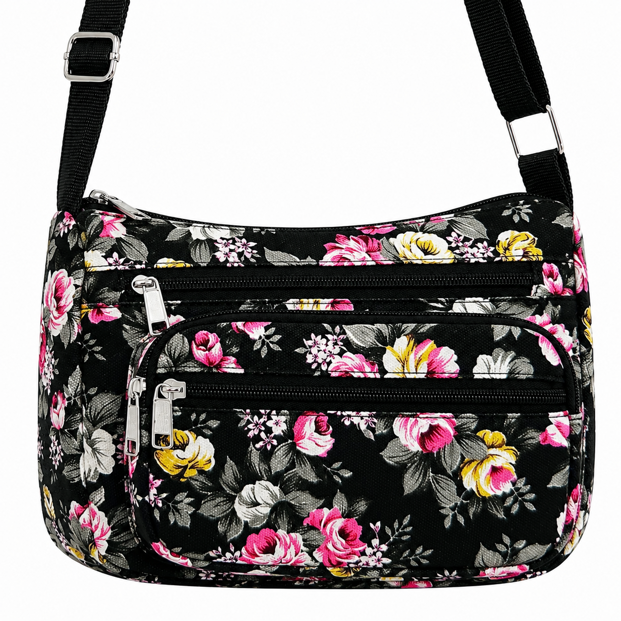 Floral Canvas Crossbody Purse-Adjustable Strap & Multi Zip Pockets