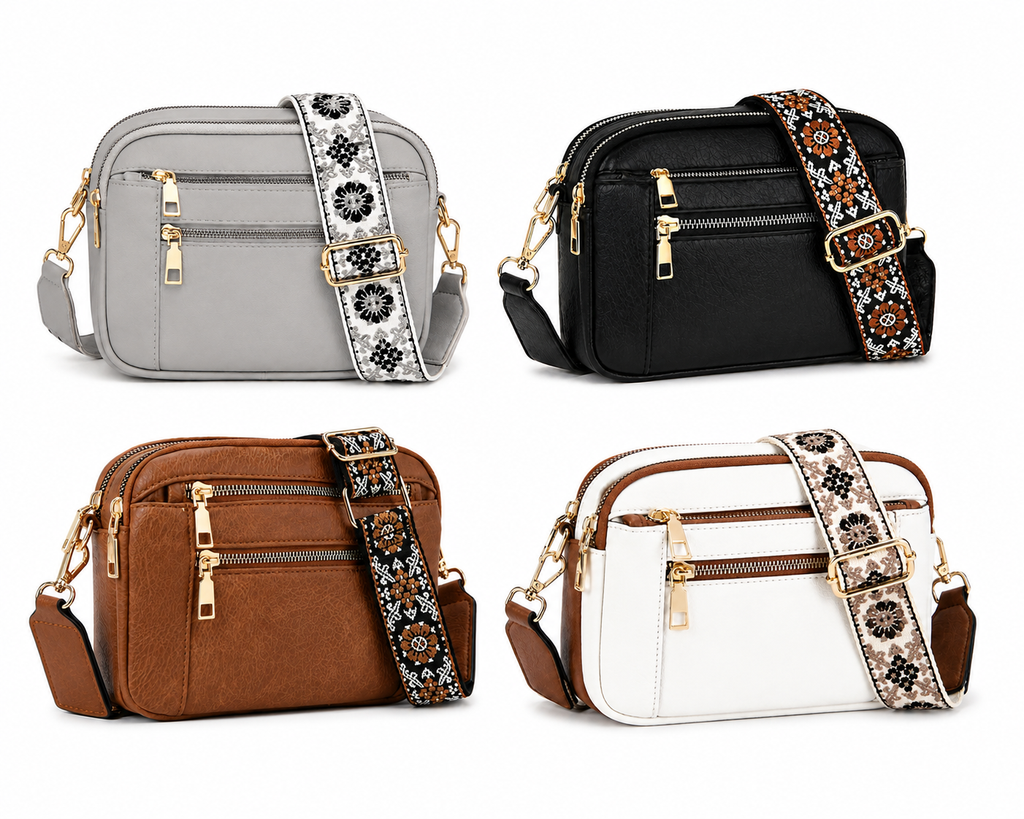 Multi-Pocket Crossbody Bag with Wide Floral Strap – Medium Everyday Shoulder Purse-Multiple color choices