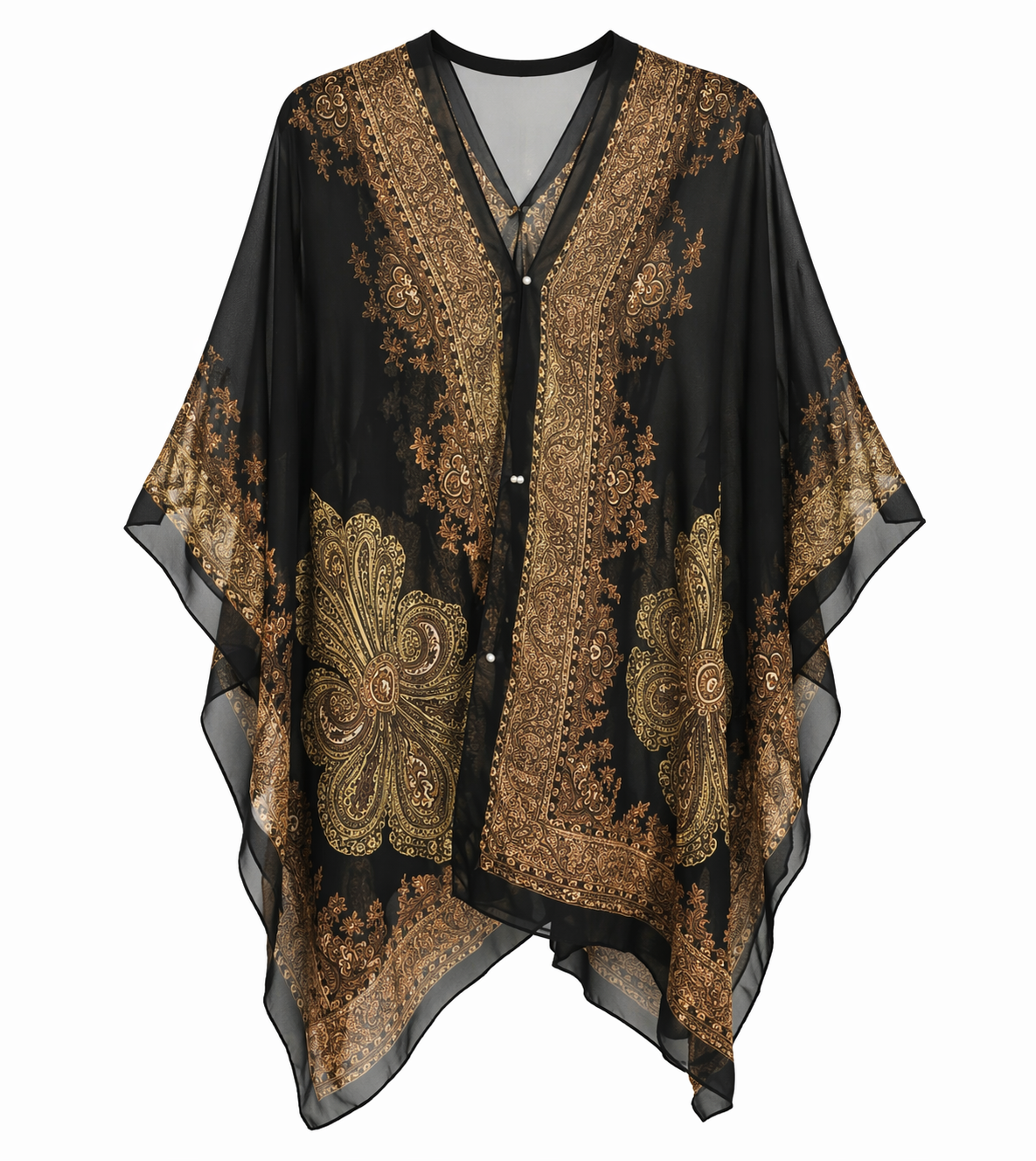 Black and Gold Sheer Paisley Kimono Cardigan for Women – Lightweight Boho Cover Up, Flowy Beach Layer