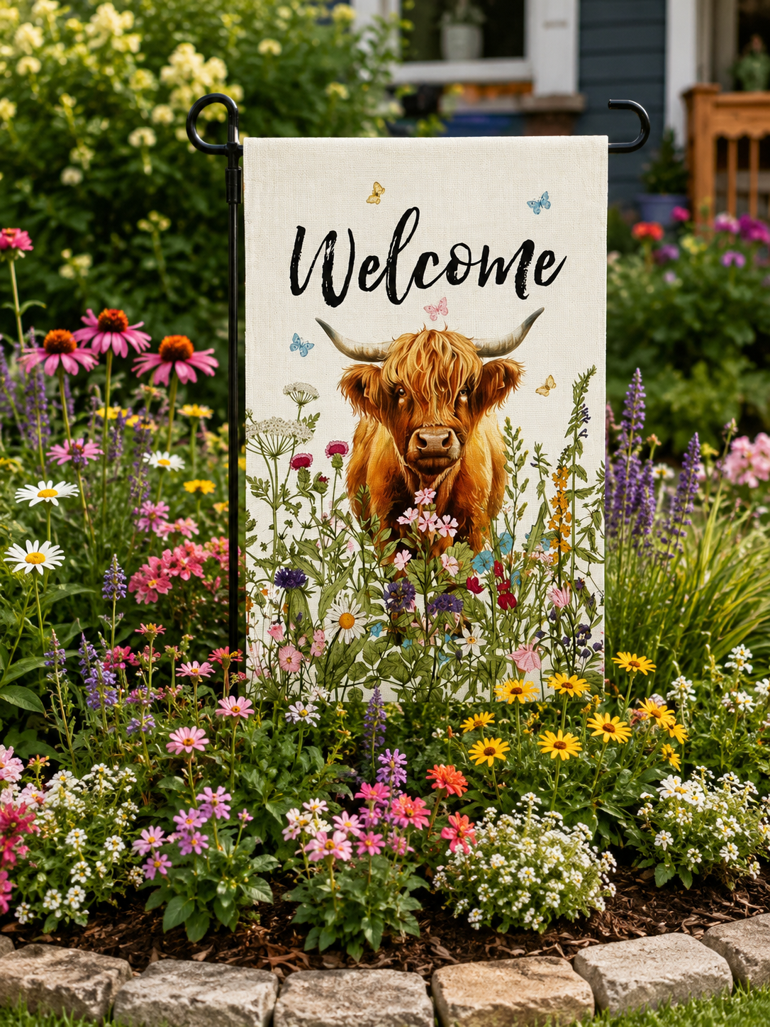 Highland Cow Welcome Garden Flag – Floral Wildflower Spring Farmhouse Outdoor Yard Decor