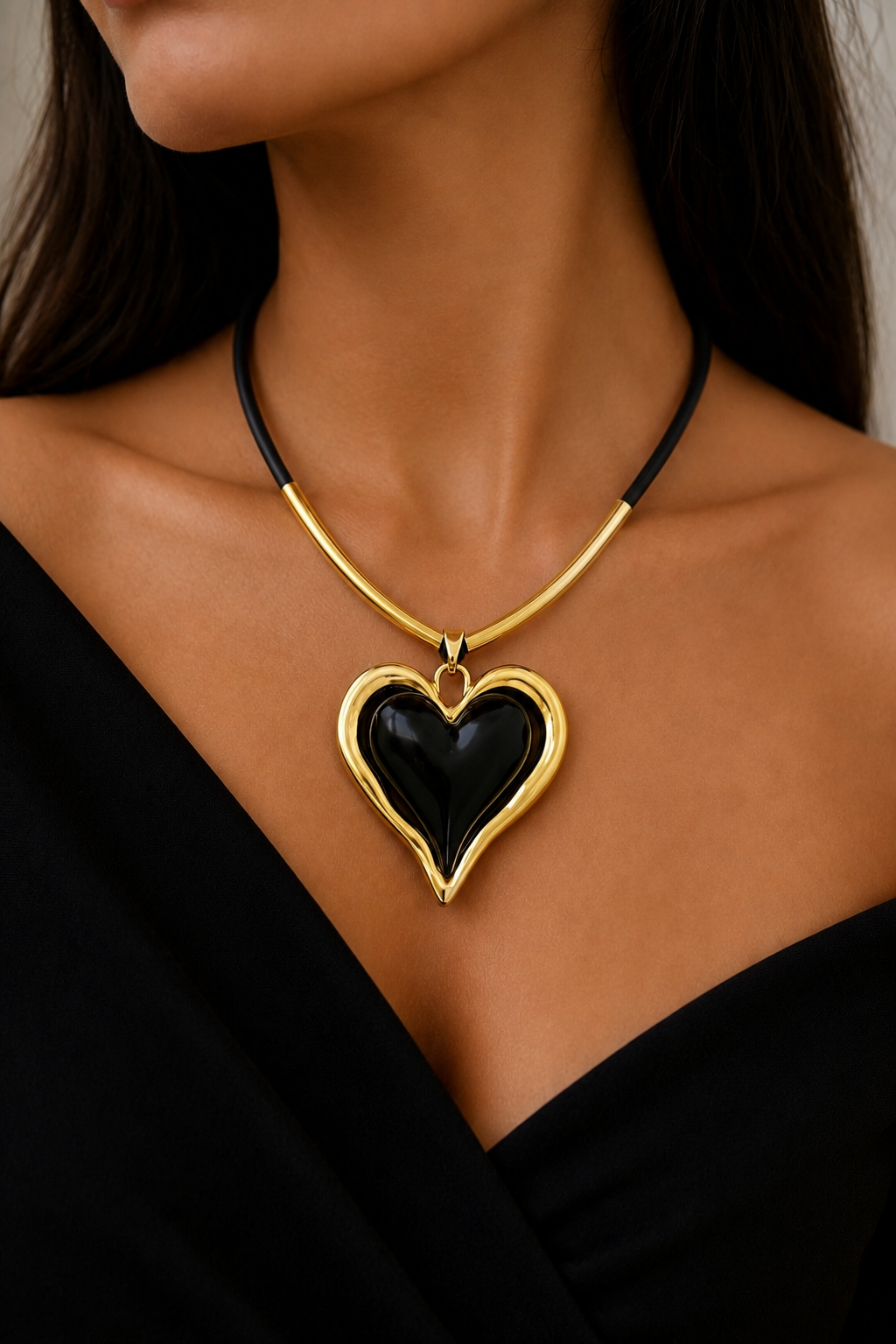 Heart Pendant Necklace on Cord – Statement Gold Tone Necklace (Red & Black Options)