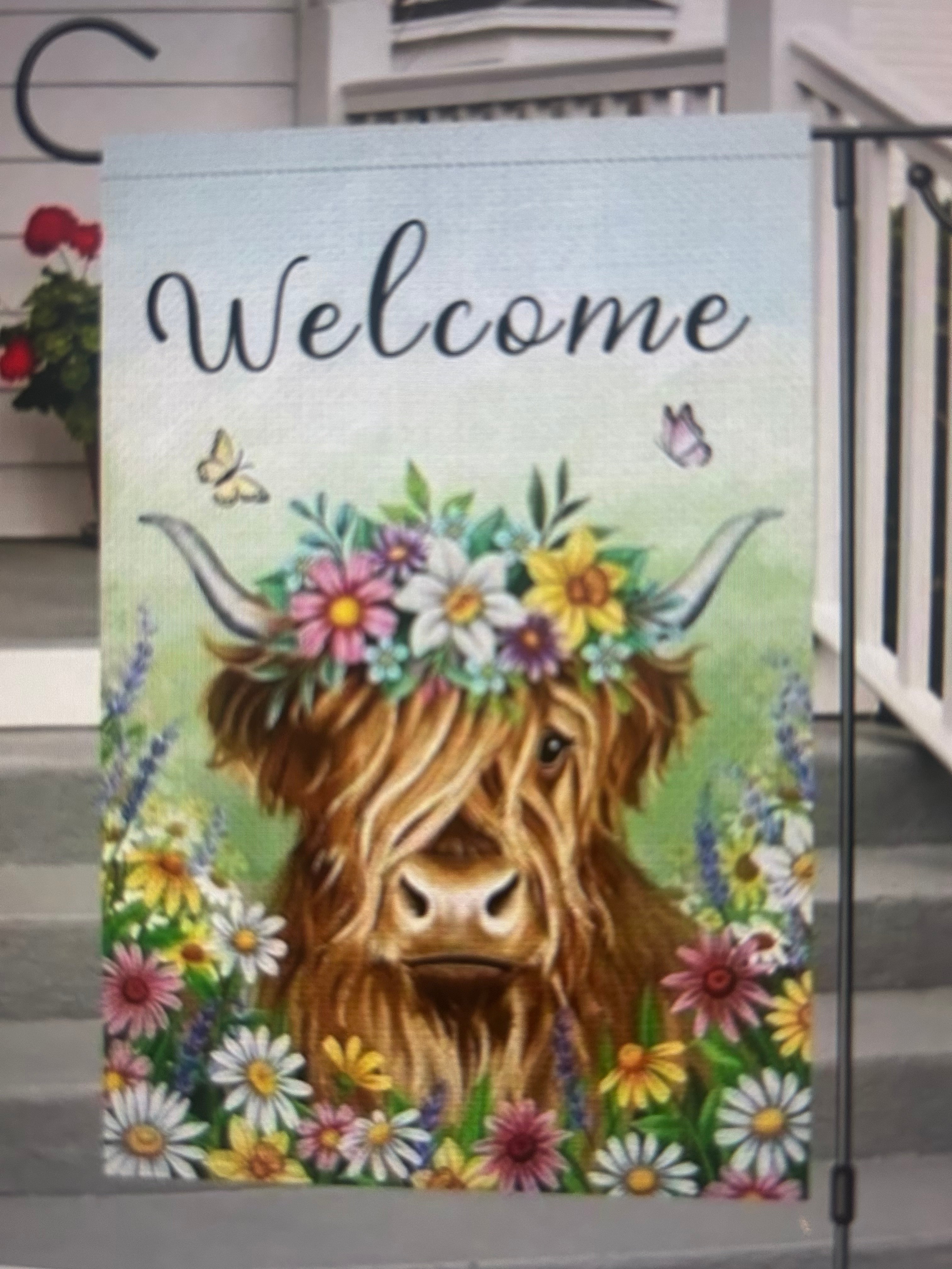 Highland Cow Floral Welcome Garden Flag – Wildflower Farmhouse Outdoor Yard Decor