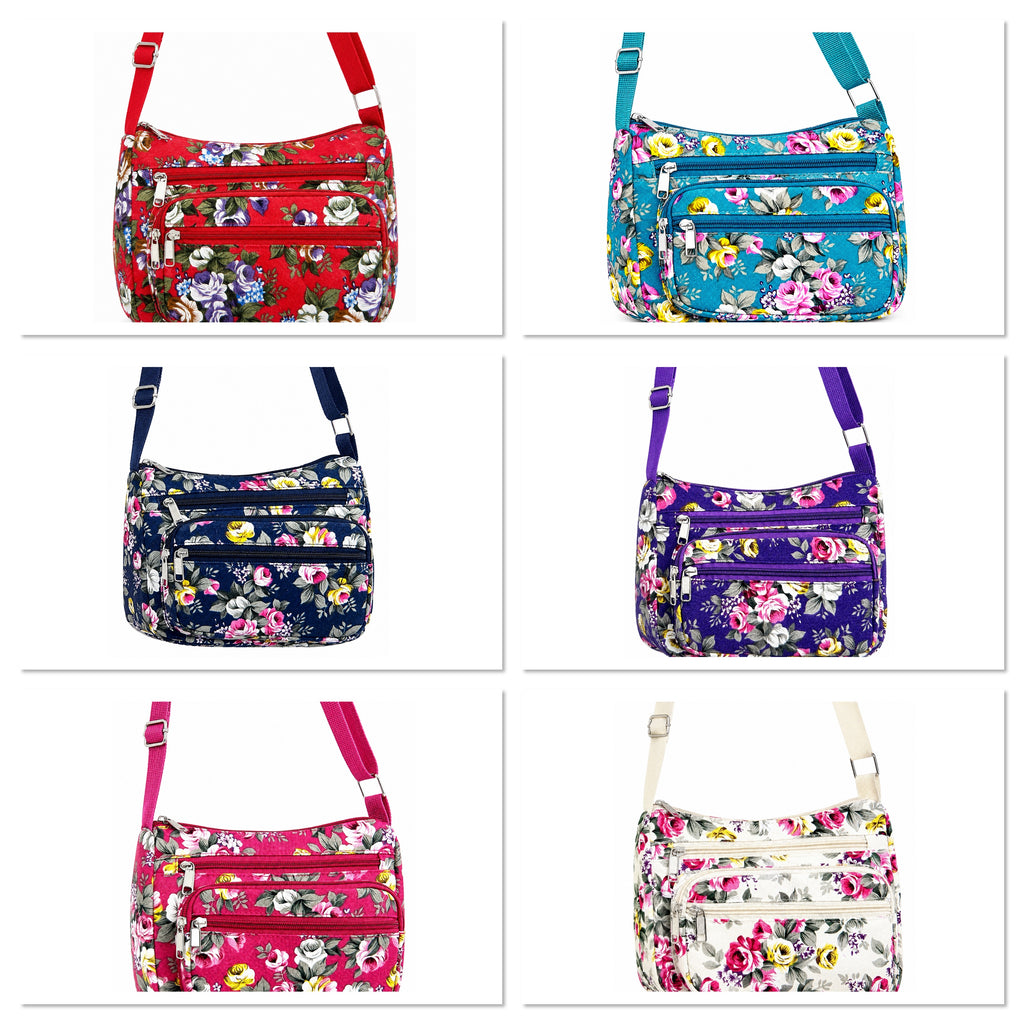 Floral Canvas Crossbody Purse-Adjustable Strap & Multi Zip Pockets
