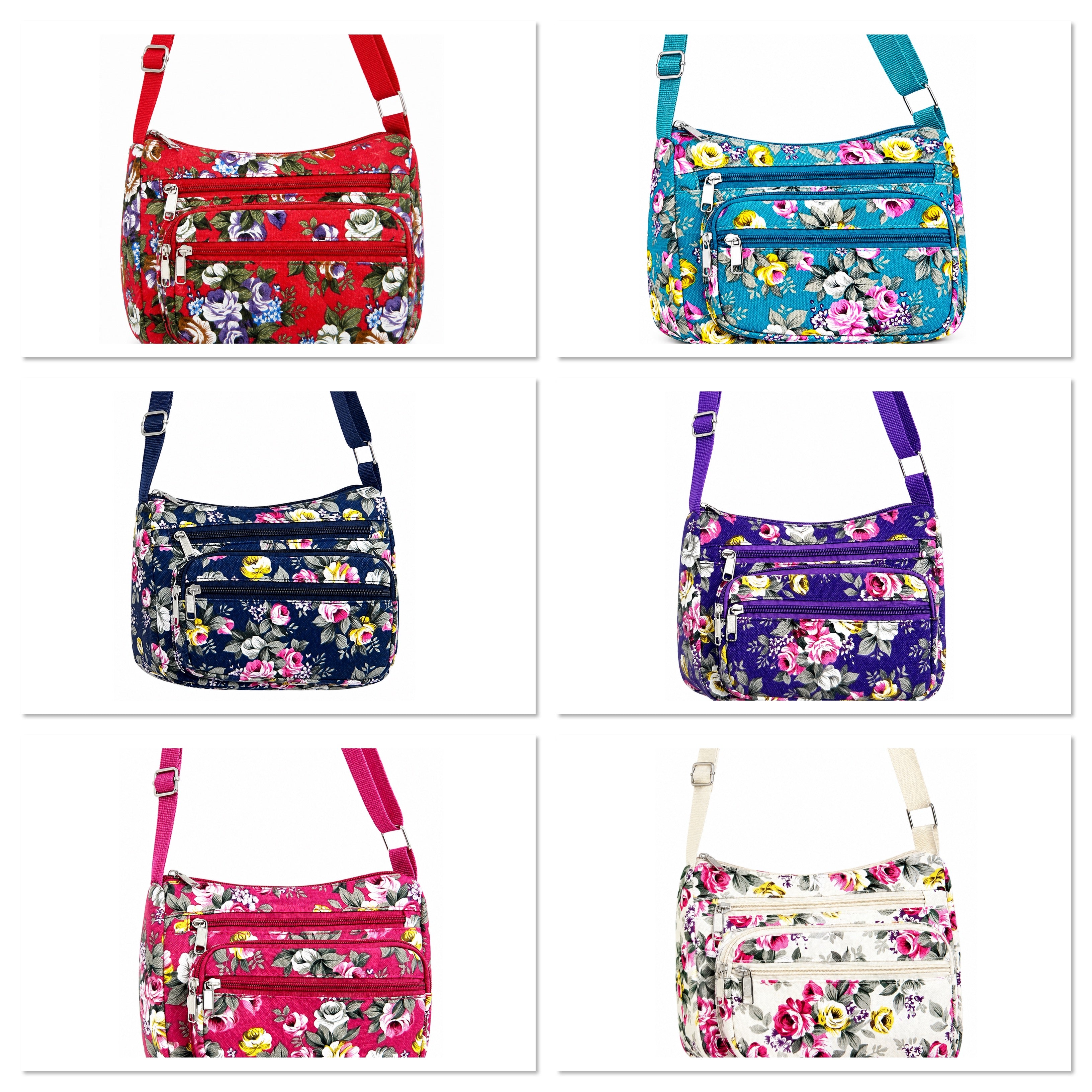 Floral Canvas Crossbody Purse-Adjustable Strap & Multi Zip Pockets