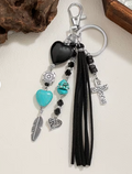 Black Tassel Boho Bag Charm Keychain with Turquoise & Cross