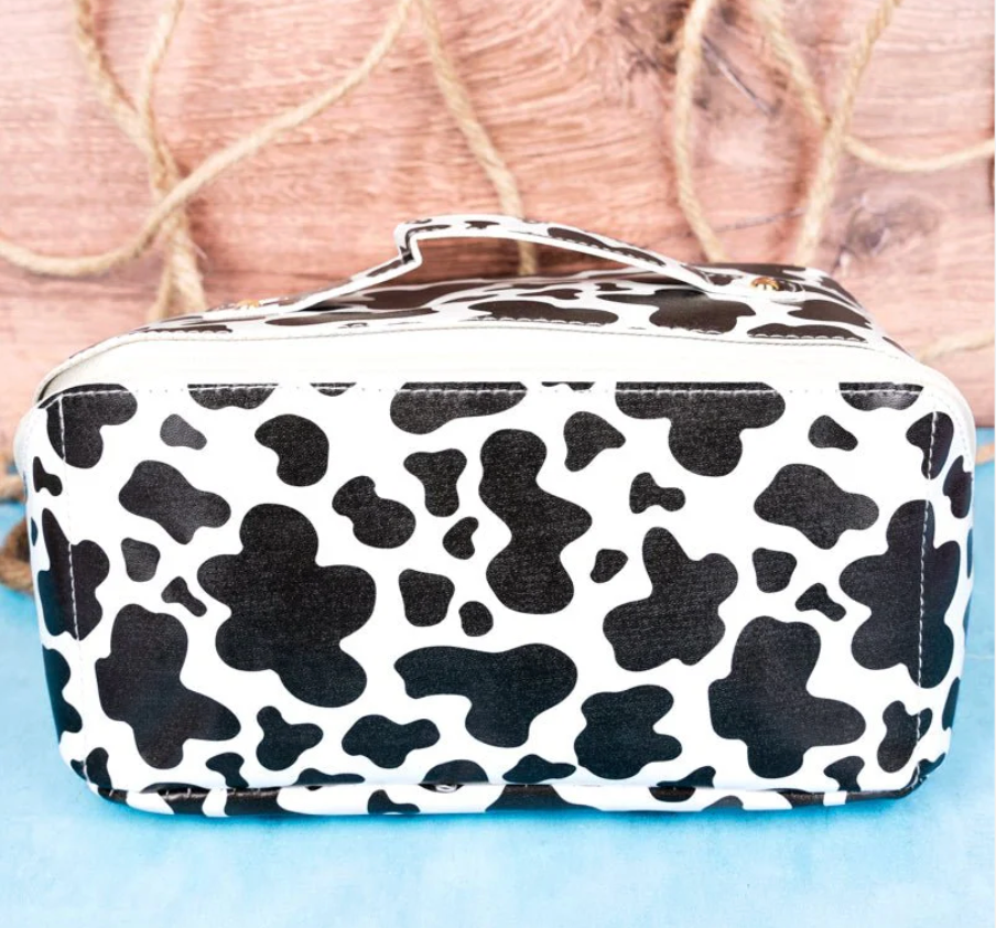 Cow Print Travel Cosmetic Bag Organizer – Faux Leather Makeup Bag with Compartments (Black & White Variants)