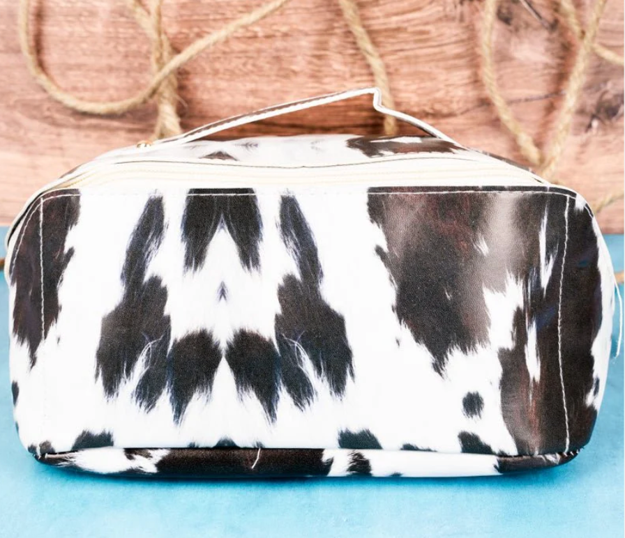 Cow Print Travel Cosmetic Bag Organizer – Faux Leather Makeup Bag with Compartments (Black & White Variants)