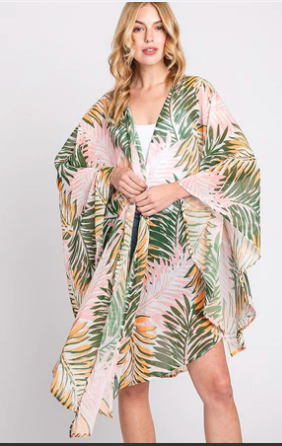 Blush Palm Tropical Leaf Kimono Cover-Up – Pink & Green Lightweight Wrap