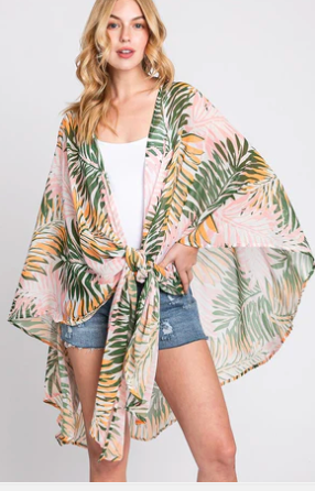 Blush Palm Tropical Leaf Kimono Cover-Up – Pink & Green Lightweight Wrap
