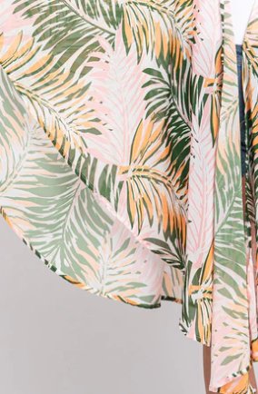 Blush Palm Tropical Leaf Kimono Cover-Up – Pink & Green Lightweight Wrap