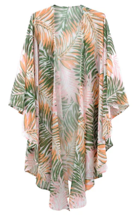 Blush Palm Tropical Leaf Kimono Cover-Up – Pink & Green Lightweight Wrap