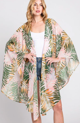 Blush Palm Tropical Leaf Kimono Cover-Up – Pink & Green Lightweight Wrap