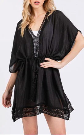 Black Crochet Trim Kimono Cover-Up – Lightweight Boho Beach Layer