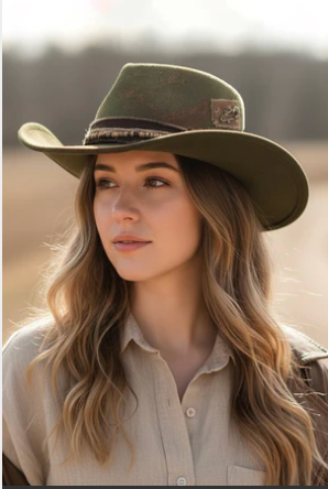 Olive Distressed Felt Western Cowgirl Hat – Wide Brim Rancher Style
