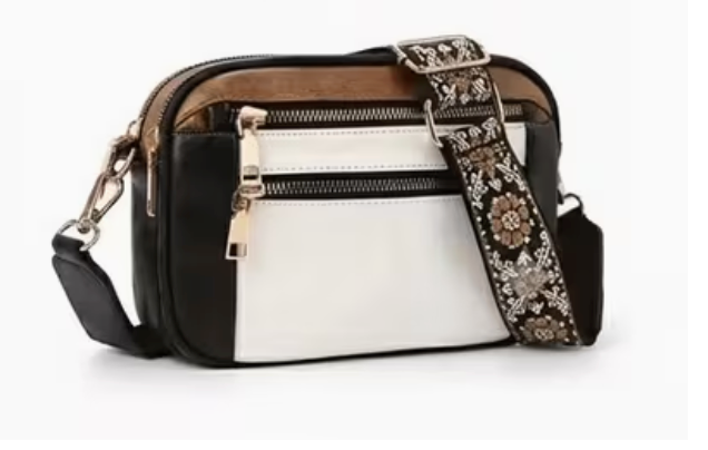 Multi-Pocket Crossbody Bag with Wide Floral Strap – Medium Everyday Shoulder Purse-Multiple color choices